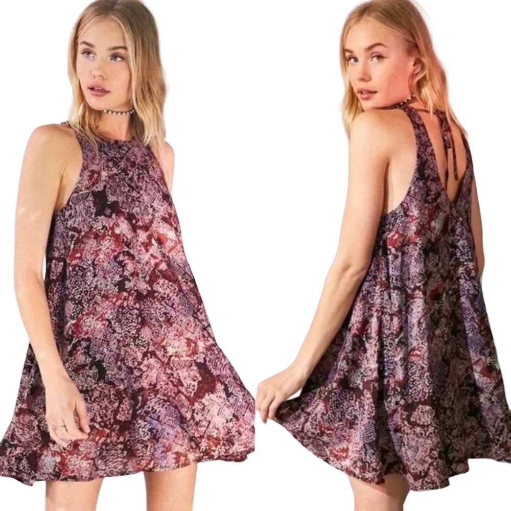 UO Silence + Noise Angel Purple Printed Floral Tulip Hem Swing Dress Size XS